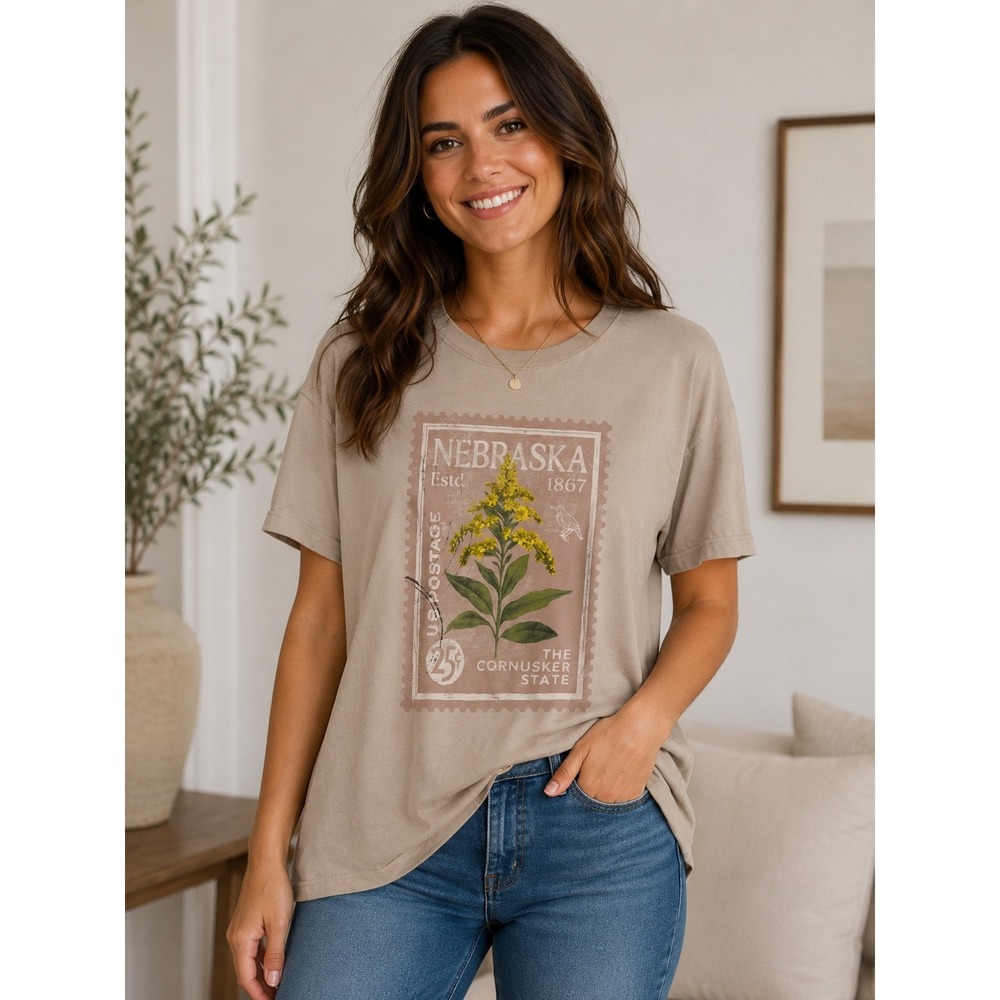 Maurices Nebraska Postage Stamp Graphic Tee Tan‎ XXL Short Sleeve Cotton Blend